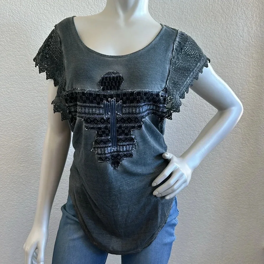 Free People embroidered phoenix lace sleeves Top - Picture 2 of 8